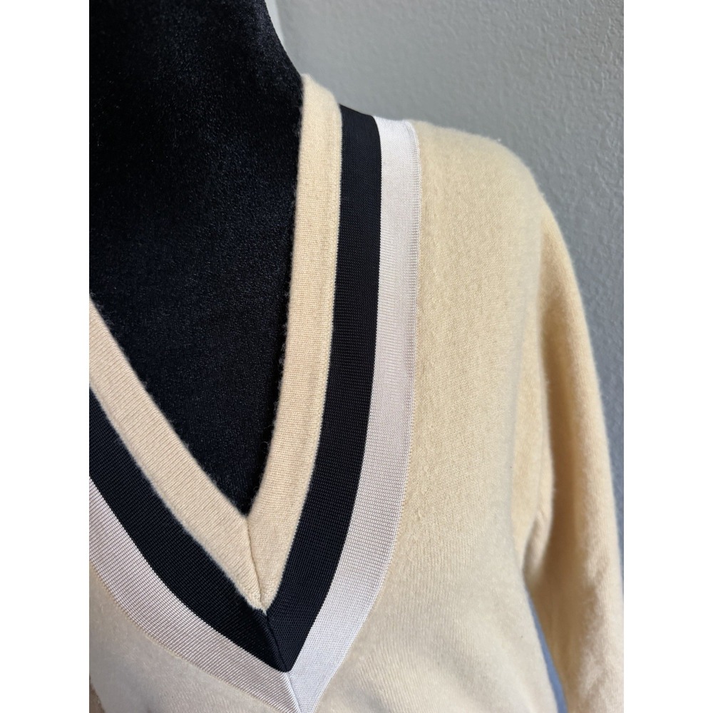 Sandro Paris Womens M US 6 Wool Cashmere V Neck Sweater Beige Contrast Trim - Picture 5 of 8